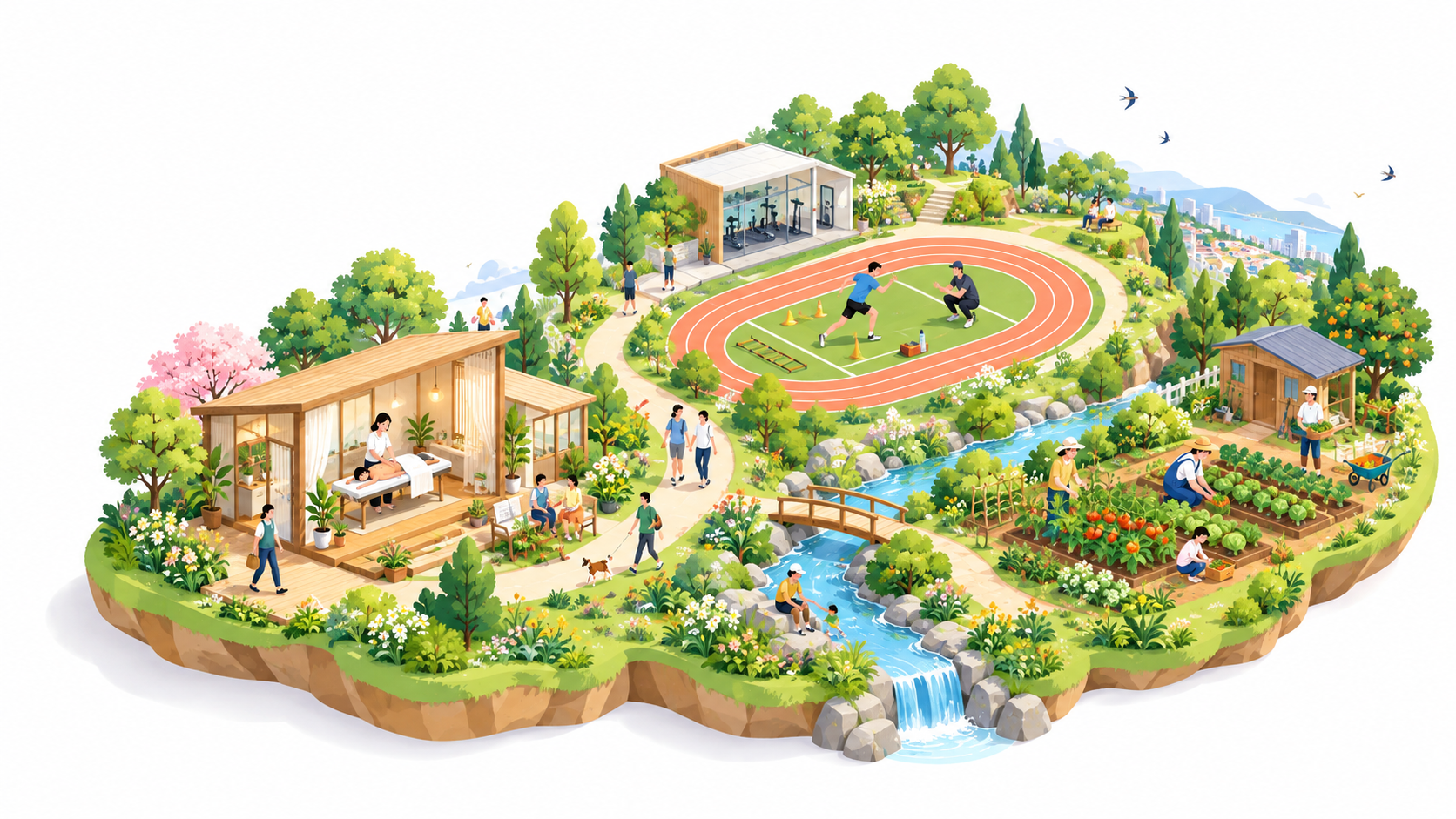 整体、スポーツトレーナー、農業の3つの場が道でつながるイメージイラスト